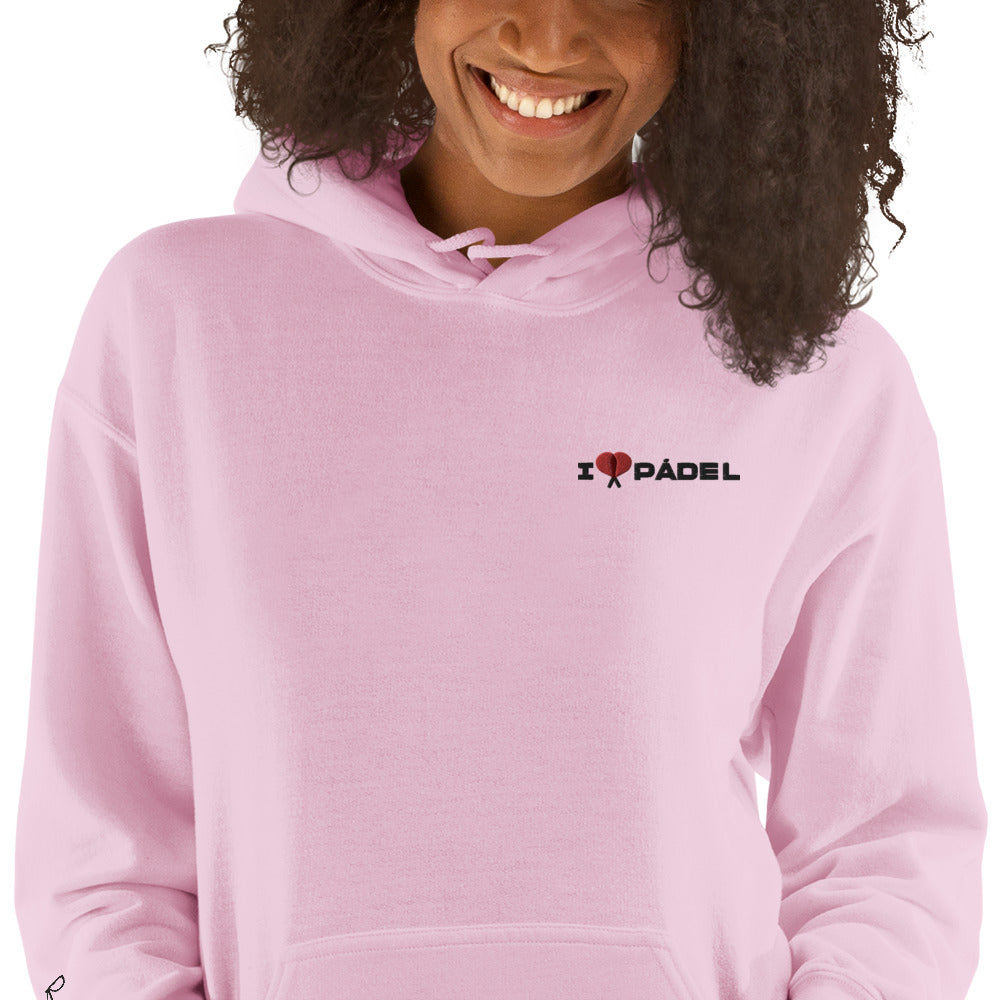 PAML25- Sudadera Capucha Unisex Azul/Rosa/Blanca I LOVE PÁDEL Bordado