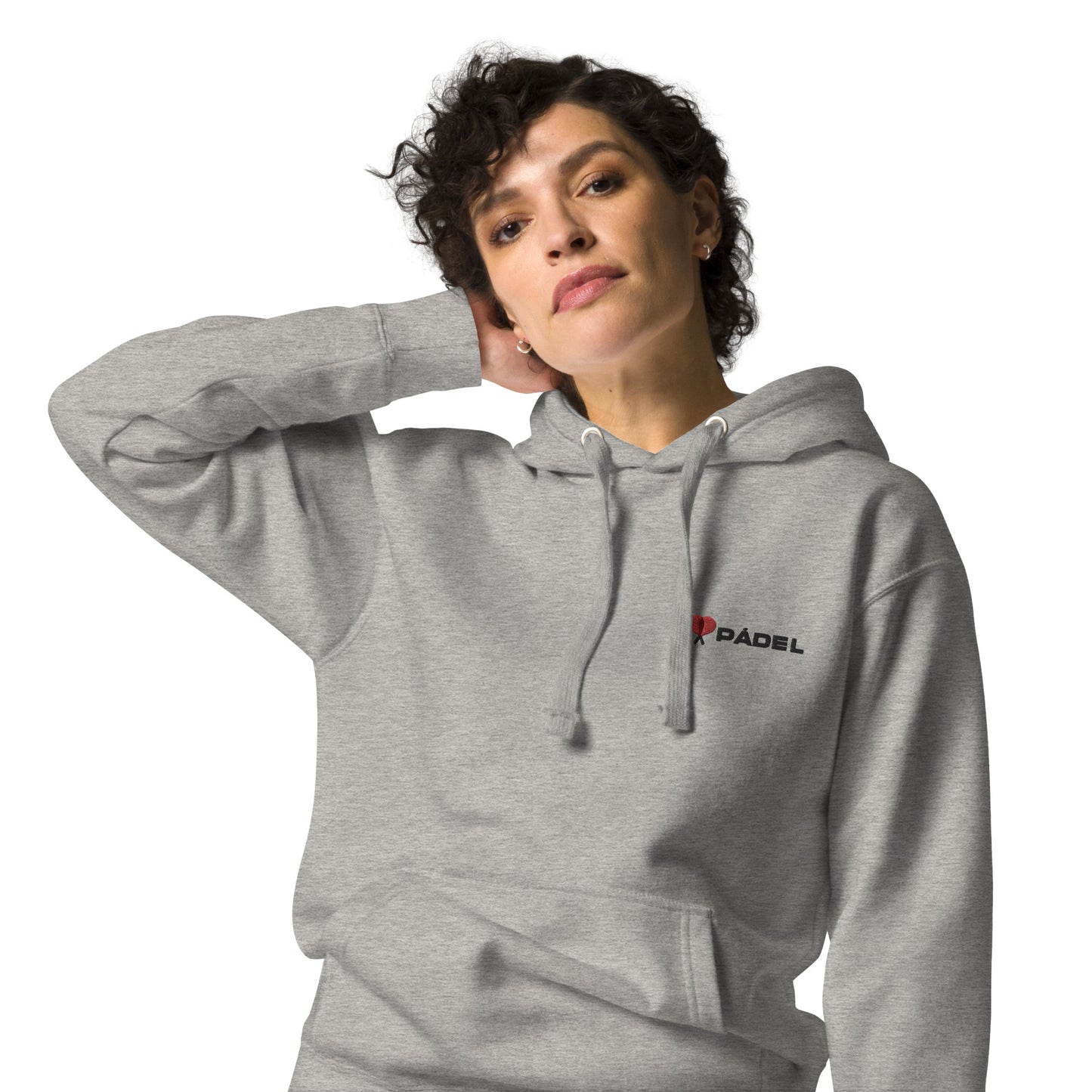 PAML23-Sudadera Capucha Unisex Premium Blanco/Salmón/Gris I LOVE PÁDEL Bordado