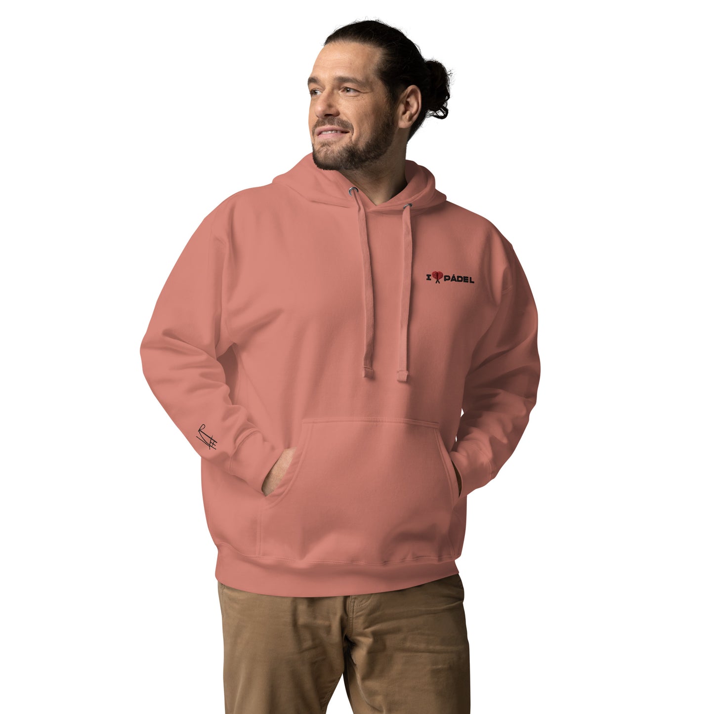 PAML23-Sudadera Capucha Unisex Premium Blanco/Salmón/Gris I LOVE PÁDEL Bordado