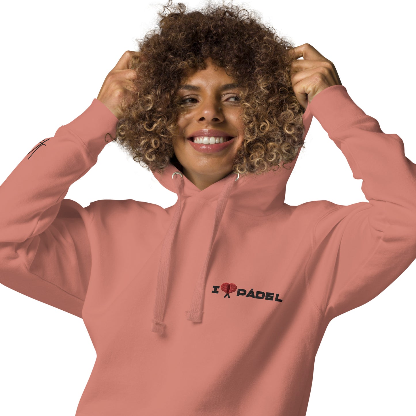 PAML23-Sudadera Capucha Unisex Premium Blanco/Salmón/Gris I LOVE PÁDEL Bordado