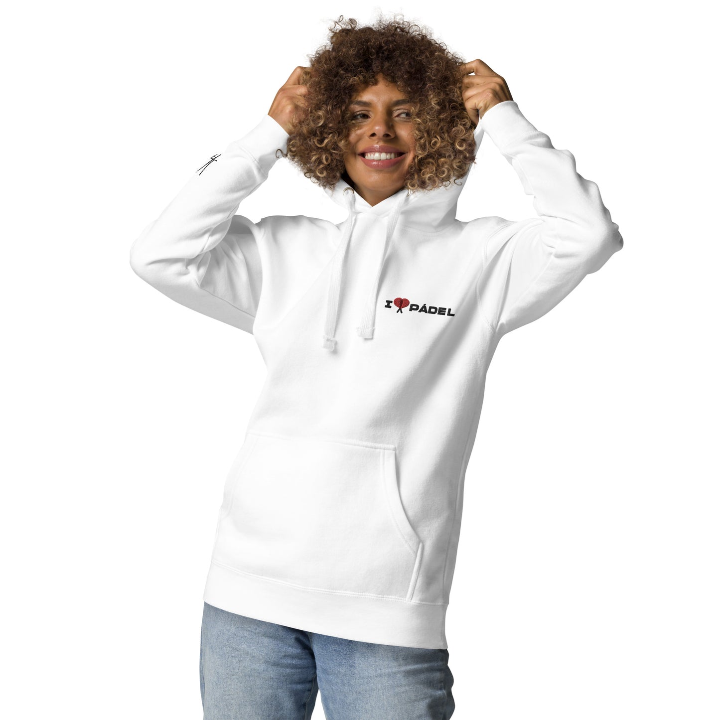 PAML23-Sudadera Capucha Unisex Premium Blanco/Salmón/Gris I LOVE PÁDEL Bordado