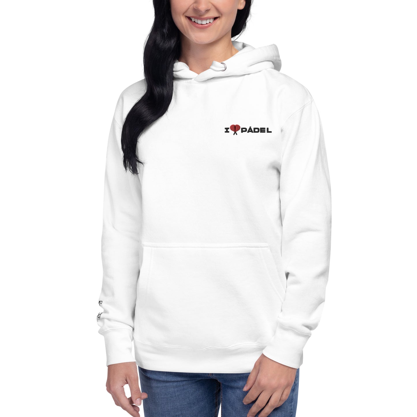 PAML23-Sudadera Capucha Unisex Premium Blanco/Salmón/Gris I LOVE PÁDEL Bordado